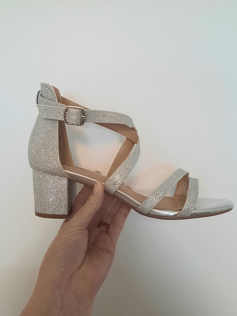 Ladies Silver Glitter Block Heel Sandal with Ankle Strap Size 8.5
